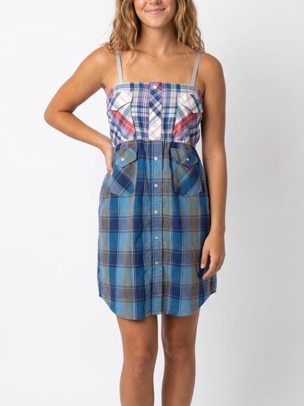 SNAP Upcycled Plaid Shirt Mini Dress Elastic Waistband Western Small Medium